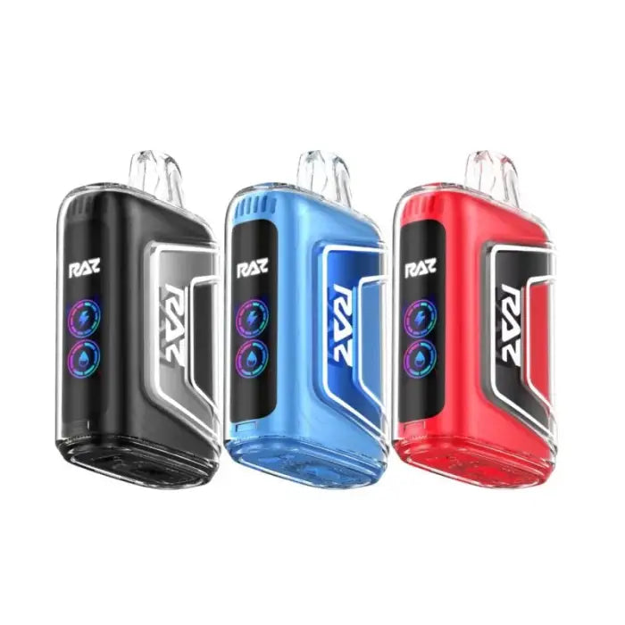 Three electronic vaping devices in black, blue, and red colors.