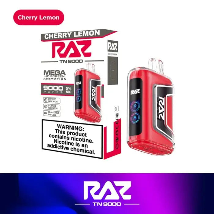 Red electronic vaping device with ’Cherry Lemon’ flavor and ’RAZ’ branding.