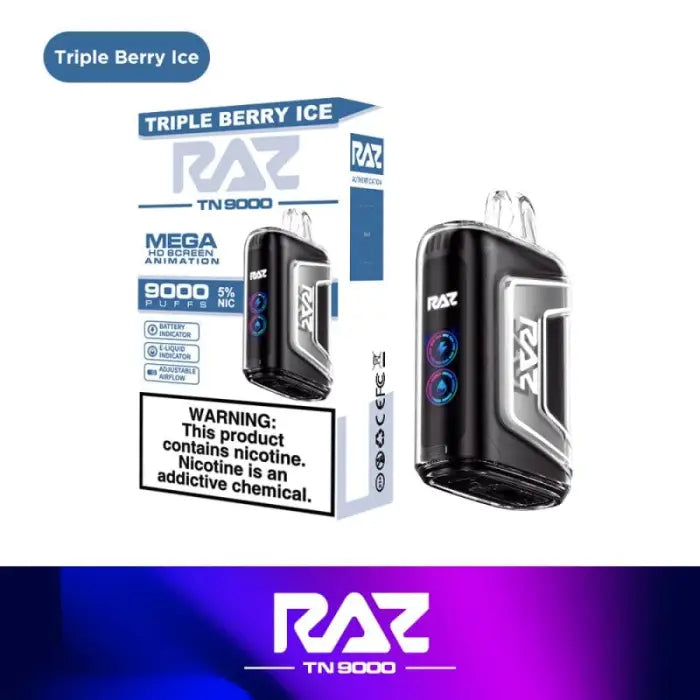 Electronic vaping device with ’Triple Berry Ice’ flavor branding.