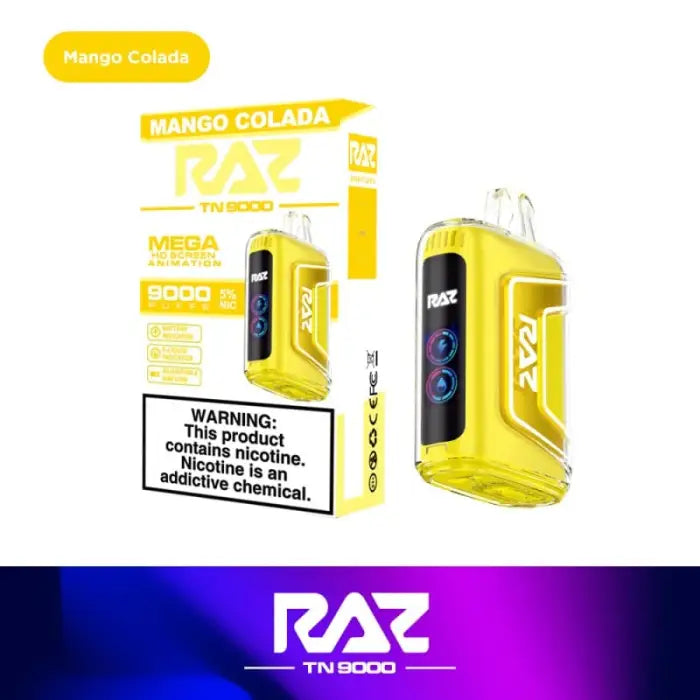 Yellow electronic vaping device with ’RAZ’ branding and a digital display.