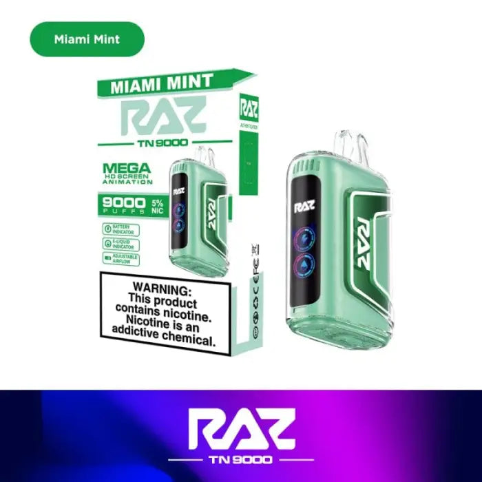 Mint green electronic vaping device with a digital display and ’RAZ’ branding.