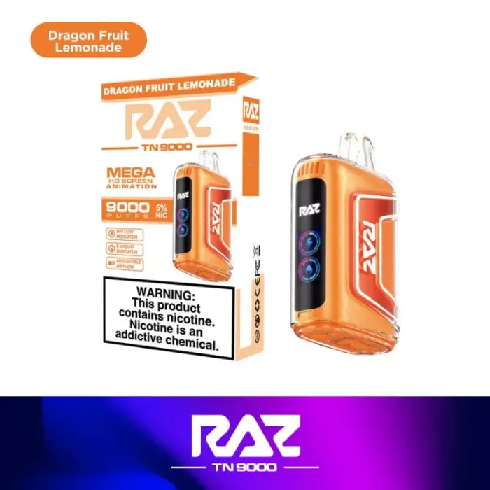 Disposable electronic cigarette device in orange packaging labeled ’RAZ Dragon Fruit Lemonade’.