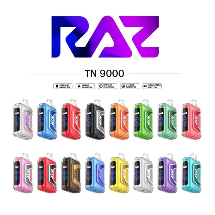 Colorful array of electronic vaping devices or mods labeled ’RAZ TN 9000’’ in various vibrant hues.