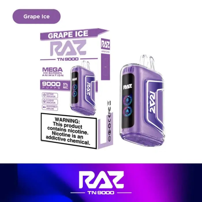 Purple disposable vape device branded as ’RAZ TN 5000’’ in Grape Ice flavor.