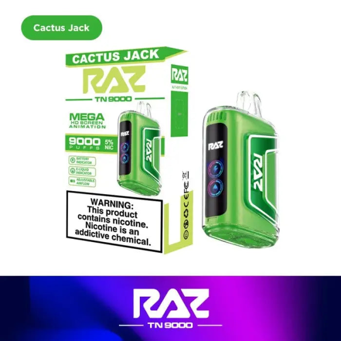 Bright green electronic vaping device with digital display and ’Cactus Jack’ branding.