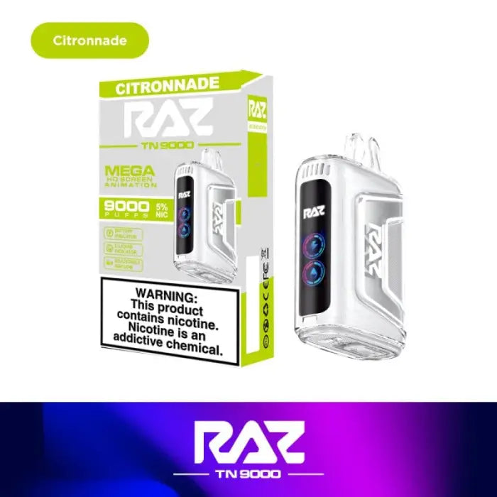 Electronic vaping device with a white body and digital display, branded as ’RAZ’ in citronnade flavor.