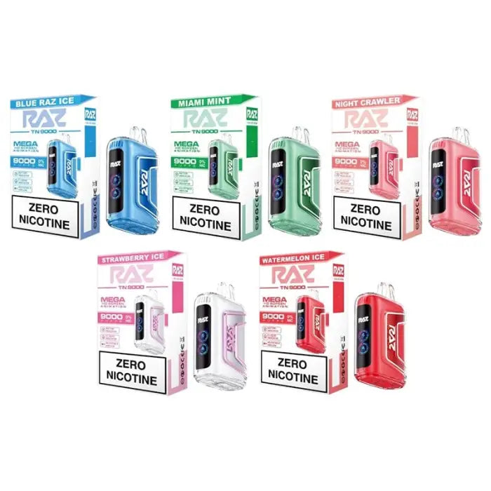 Disposable e-cigarettes or vape devices in various colors and flavors, all labeled as ’Zero Nicotine’.