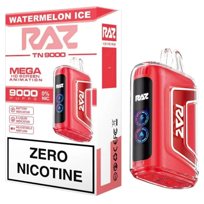 Electronic vaping device in red packaging labeled ’RAZ’ and ’Watermelon Ice’ with zero nicotine.