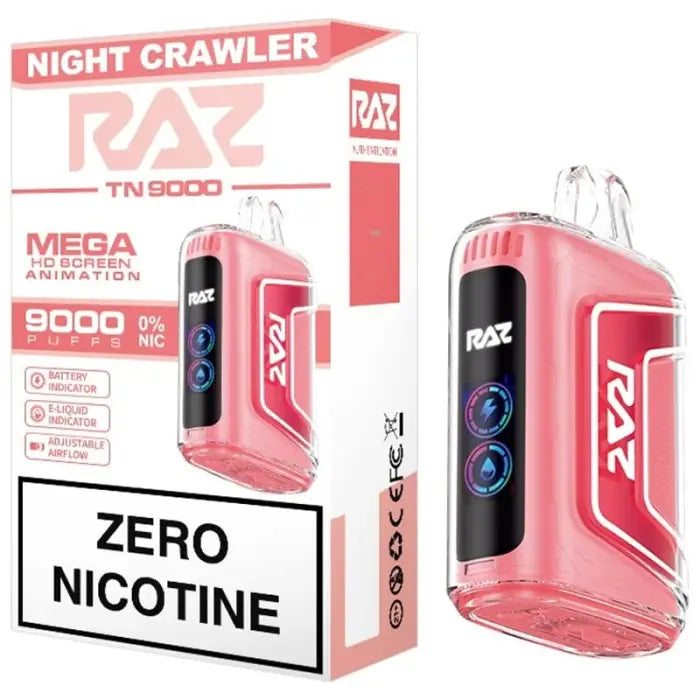 Pink electronic vaping device called ’Night Crawler RAZ TN9000’’ with zero nicotine.