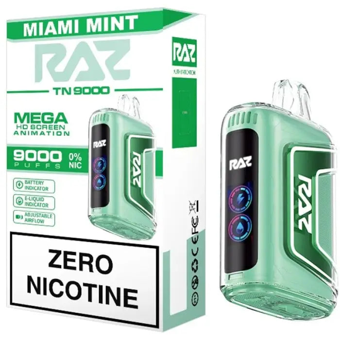 Disposable vape device in mint green color labeled ’Miami Mint’ with zero nicotine.