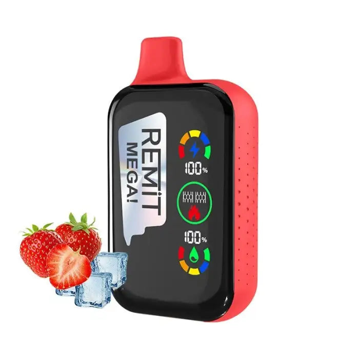 Red and black electronic vaping device with a digital display showing various indicators and measurements.