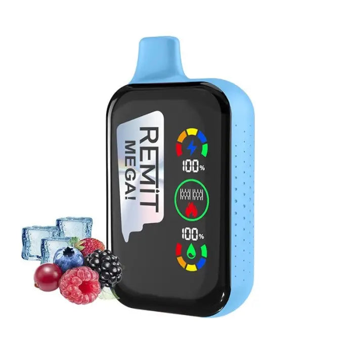 Electronic vaping device with a colorful display screen and blue casing.