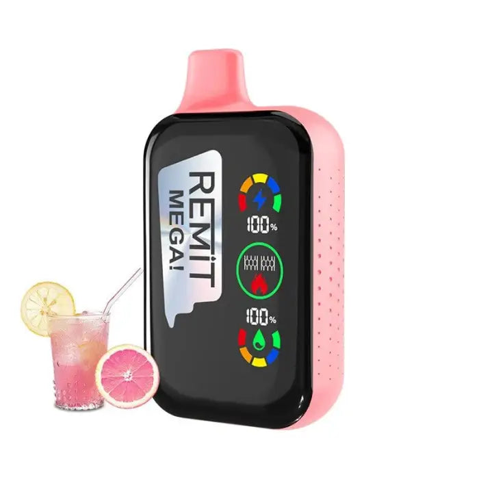 Pink electronic device with a digital display showing health-related metrics and the word ’REMIT’.