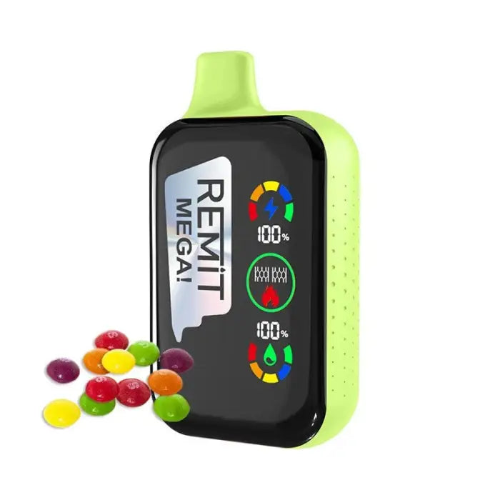 Neon green electronic device with a digital display screen, accompanied by colorful candies.