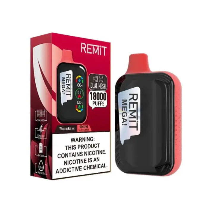 Electronic vaping device with a red and black color scheme, displayed alongside its packaging.