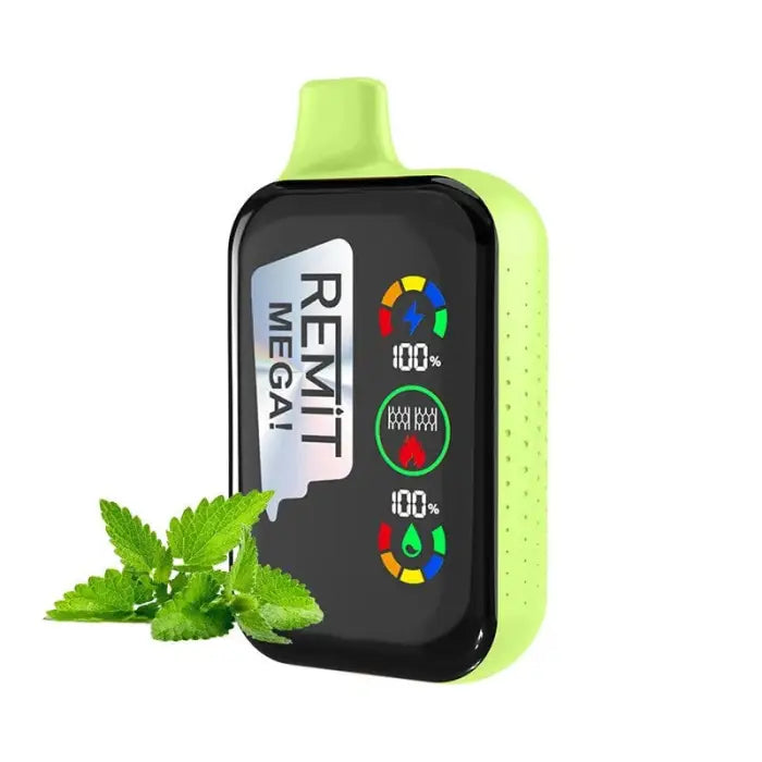 Neon green electronic vaping device with a digital display showing ’REMIT’ and colorful gauges.