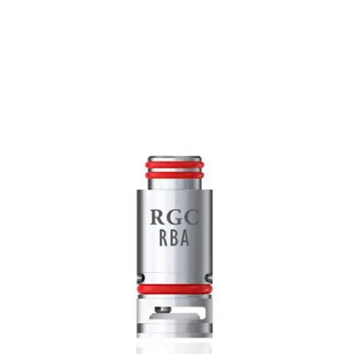 Cylindrical metal vaping coil with red accents and ’RGC RBA’ text.