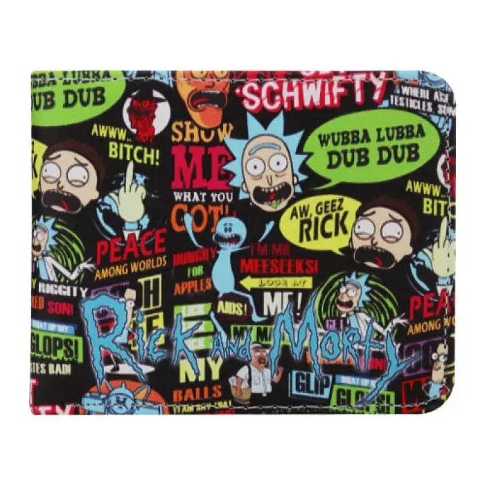 Colorful wallet featuring Rick and Morty cartoon characters and catchphrases.