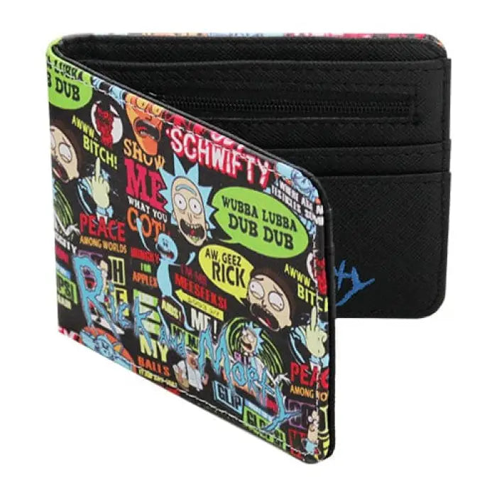 Colorful cartoon-patterned wallet with character designs and text.