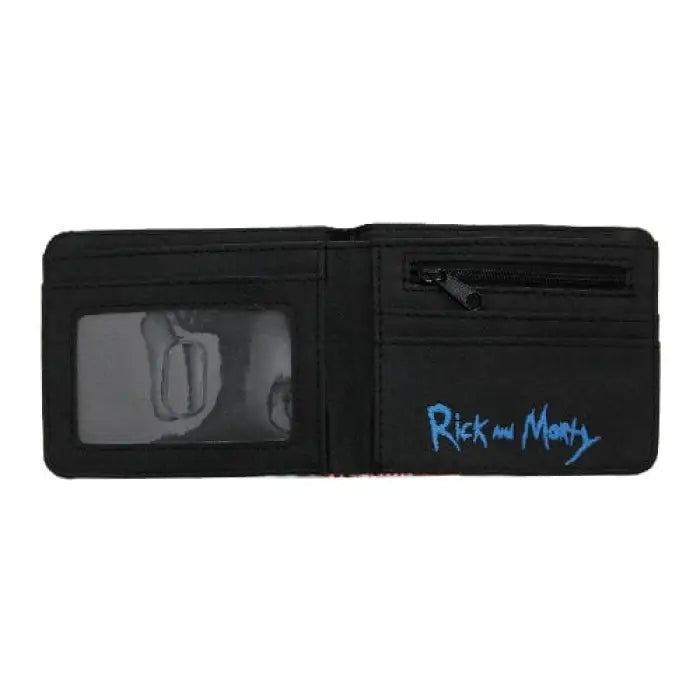 Black wallet with ’Rick and Morty’ logo and a clear ID window.