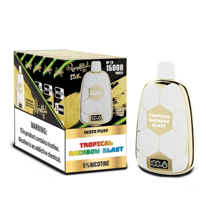 Disposable vape device with tropical banana blast flavor and packaging.