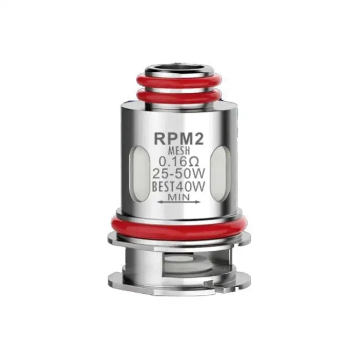 Metallic vaping coil or atomizer head with red O-rings and engraved specifications.