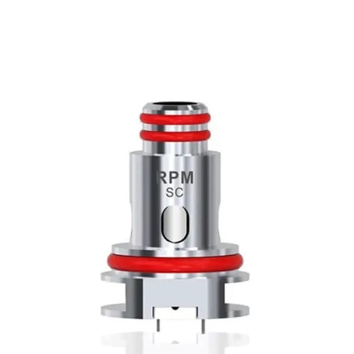 Metallic vaping coil or atomizer head with red O-rings and ’RPM SC’ engraved on its side.