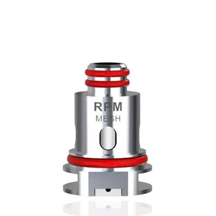 Vaping coil or atomizer head with red O-rings and ’RPM MESH’ engraved on its metallic body.