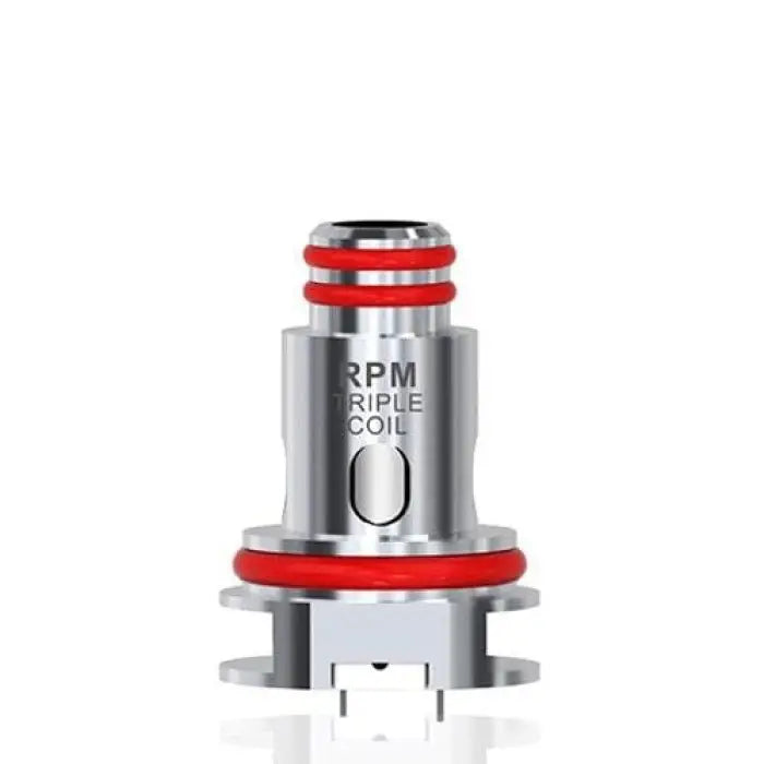 Metallic vaping coil or atomizer head with red O-rings and ’RPM’ engraving.