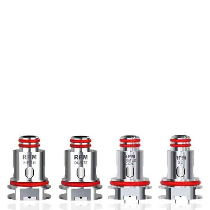 Set of four cylindrical metal vaping coils with red accents.