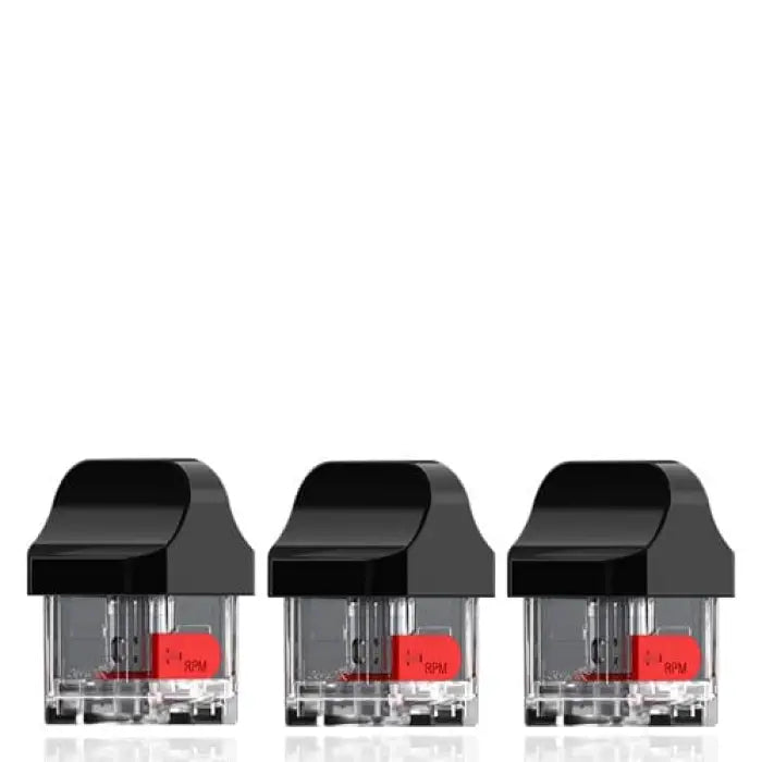 Three identical black and clear vape pods or cartridges with red components visible inside.