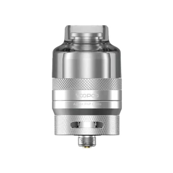 Stainless steel vaping tank or atomizer with a glass section and knurled details.