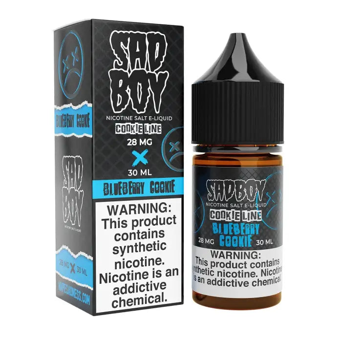 E-liquid bottle and packaging for ’Sad Boy’ brand vape juice in ’Blueberry Cookie’ flavor.