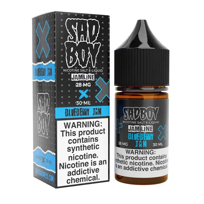 E-liquid bottle and packaging for ’Sad Boy’ brand vape juice in Blueberry Jam flavor.