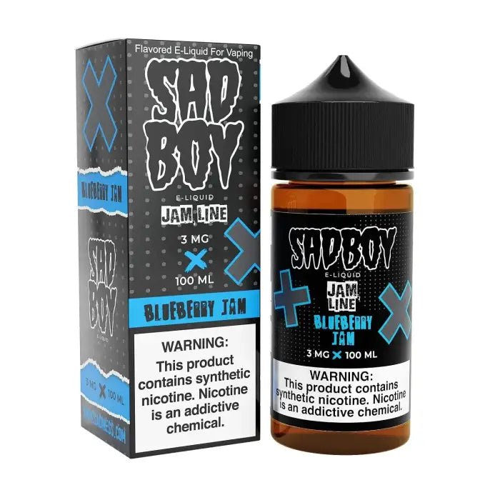 E-liquid bottle and packaging for ’Sad Boy’ brand blueberry jam flavor vape juice.