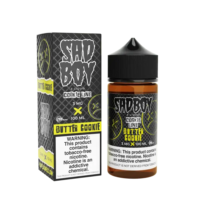 E-liquid bottle and packaging for a vape product called ’Sad Boy Butter Cookie’.