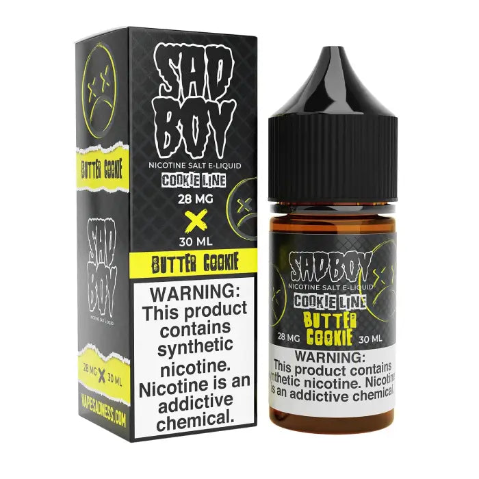 E-liquid bottle and packaging for a vape product called ’Sad Boy Butter Cookie’.