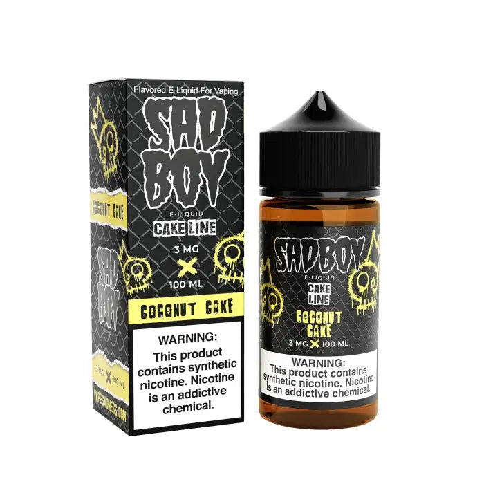 E-liquid bottle and packaging for ’Sad Boy’ brand coconut cake flavor vape juice.