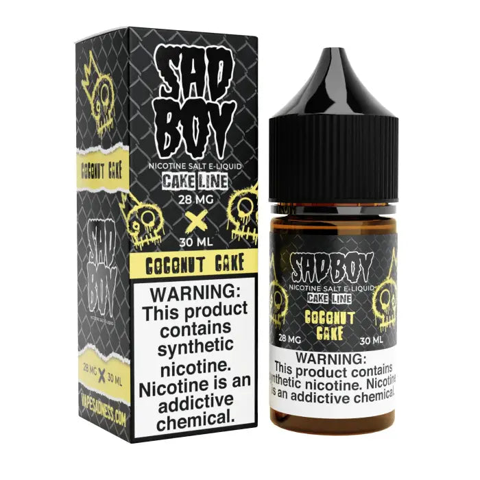 E-liquid bottle and packaging for ’Sad Boy’ brand coconut cake flavor vape juice.