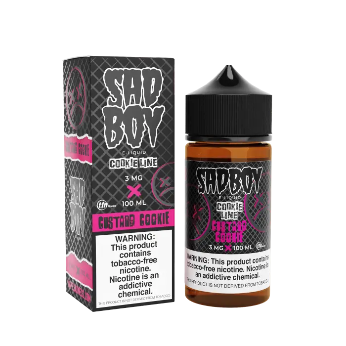 E-liquid bottle and packaging for a vape product called ’Sad Boy’.