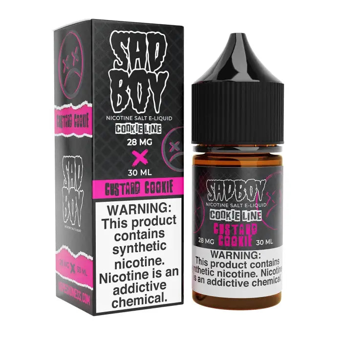 E-liquid bottle and packaging for a vape product called ’Sad Boy’ in the Cotton Candy flavor.