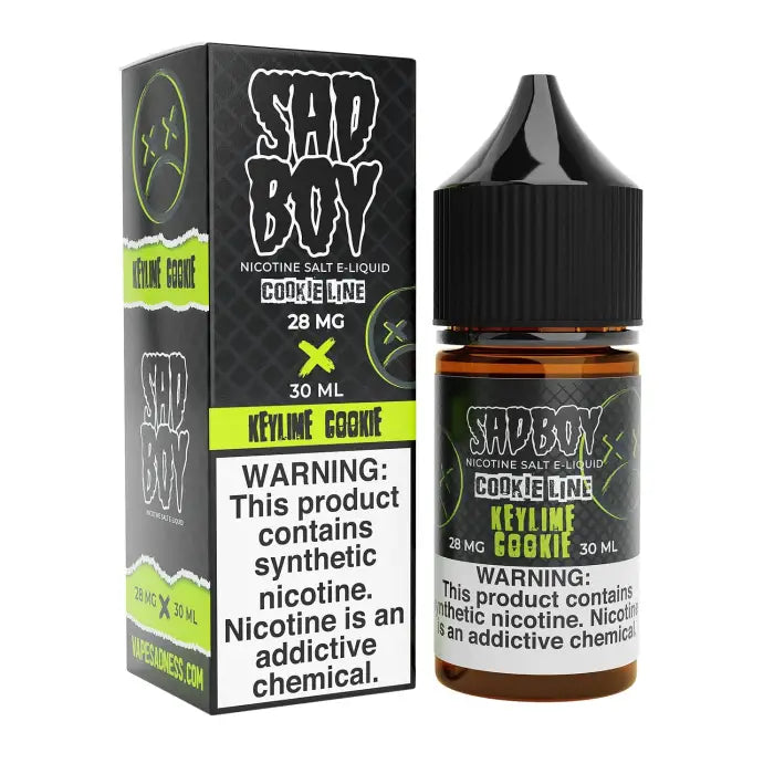 E-liquid bottle and packaging for a vape product called ’Sad Boy’ in the Key Lime Cookie flavor.