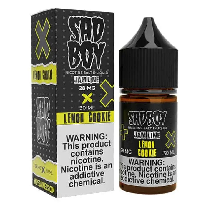 E-liquid bottle and packaging for ’Sad Boy’ brand in ’Lemon Cookie’ flavor, with prominent nicotine warnings.