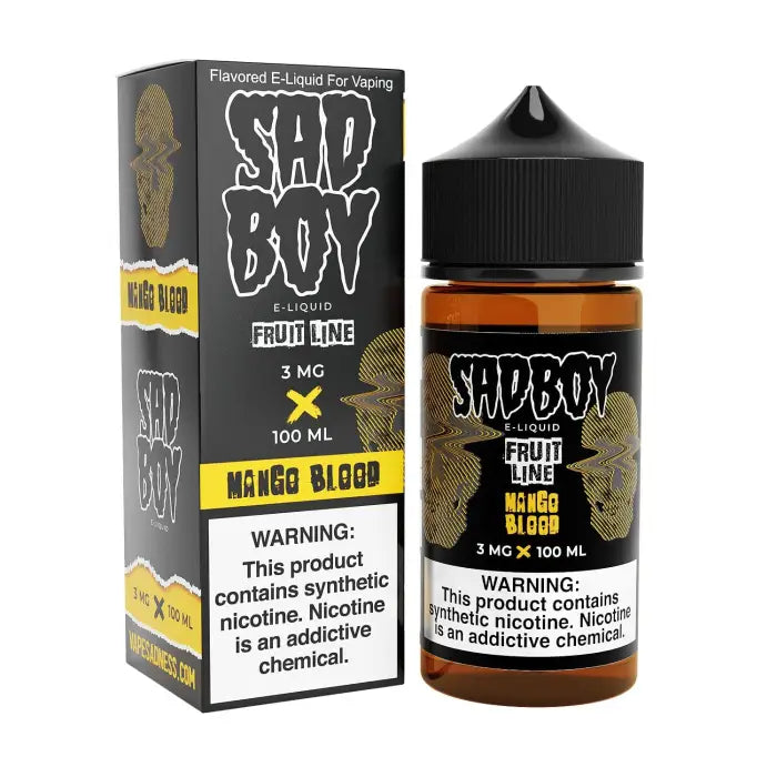 E-liquid bottle and packaging for a vape product called ’Sad Boy Mango Blood’.