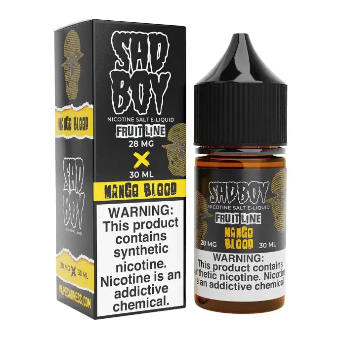 E-liquid bottle and packaging for ’Sad Boy’ brand mango blood flavor vape juice.