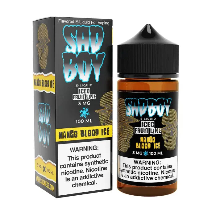 E-liquid bottle for vaping with its packaging box, labeled ’Sad Boy’ and ’Mango Blood Ice’.