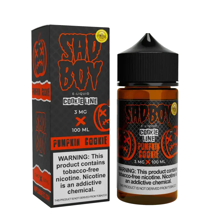 E-liquid bottle and packaging for a pumpkin cookie flavored vape juice called ’Sad Boy’.