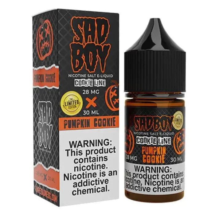 Bottle of ’Sad Boy’ brand pumpkin cookie flavored e-liquid for vaping, with its packaging box.