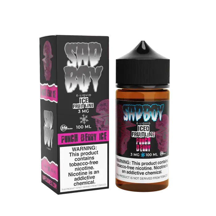 E-liquid bottle and packaging for a vape product called ’Sad Boy’ in the ’Punch Berry Ice’ flavor.