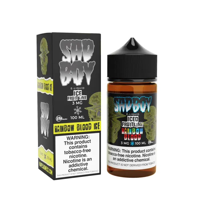 E-liquid bottle and packaging for a vape product called ’Sad Boy Rainbow Blood Ice’.